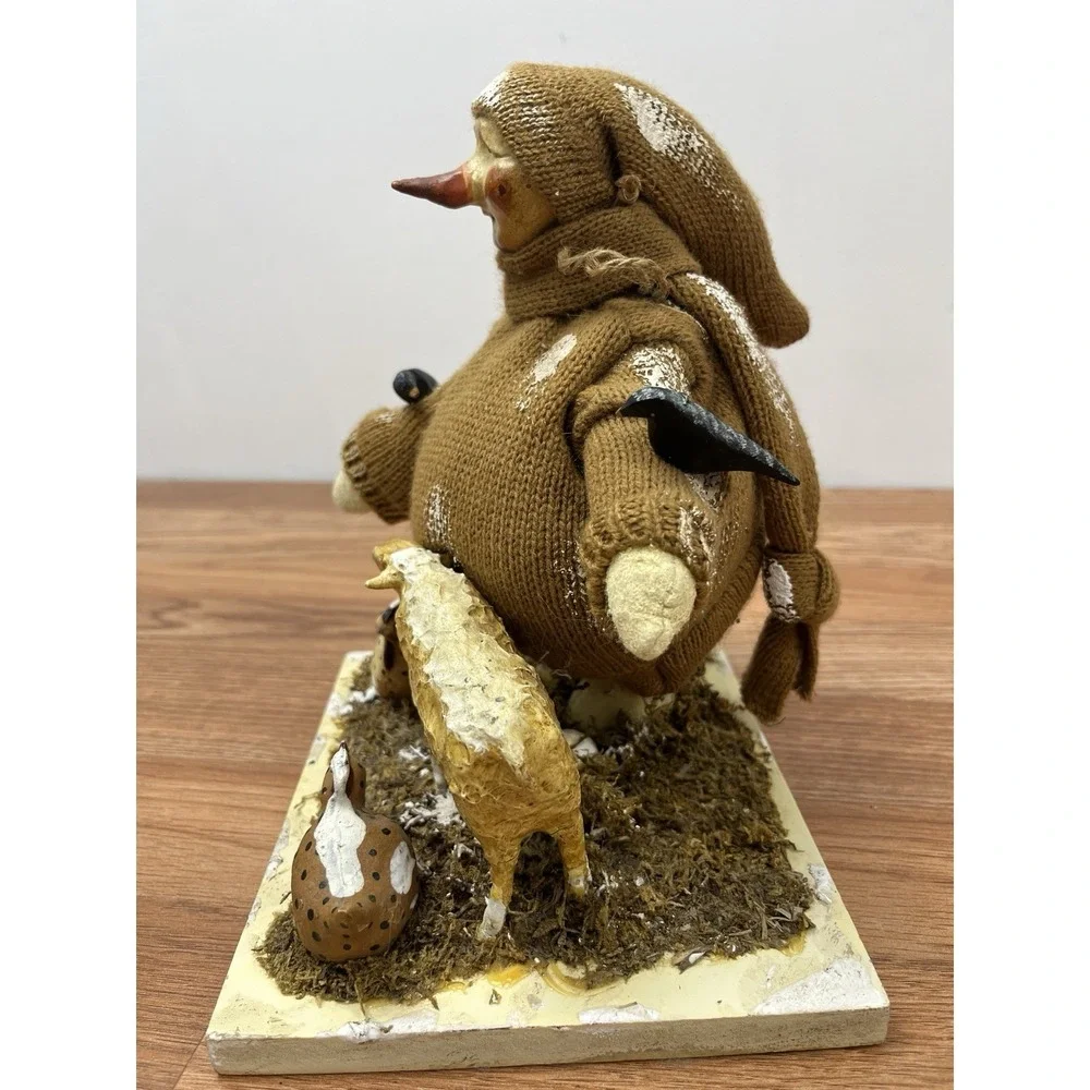 Folk Art Mixed Media Snowman with Farm Animal Friends Sheep Chickens Birds